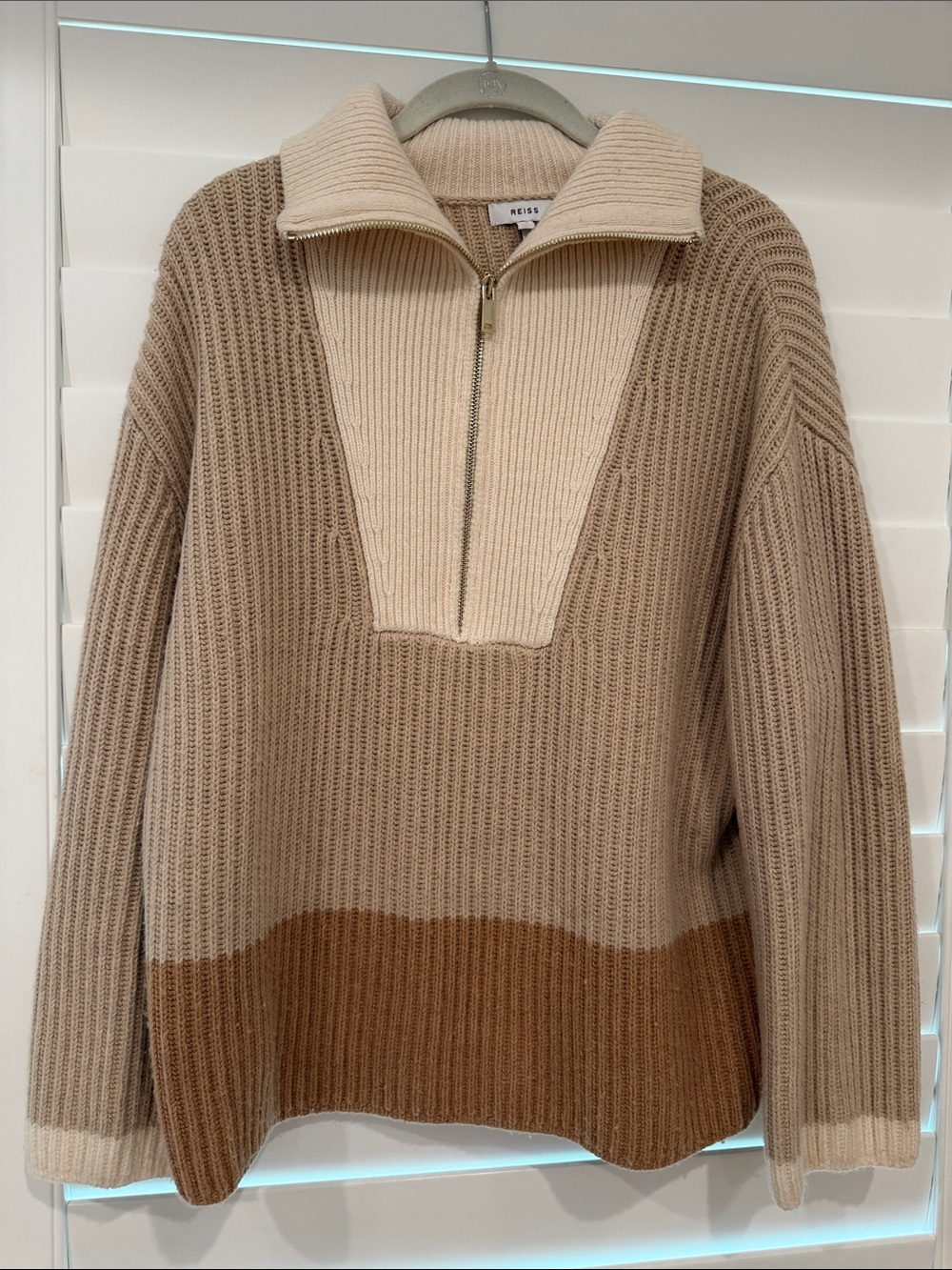 Reiss  womans Two-Tone Half-Zip Wool Sweater in Beige and Tan